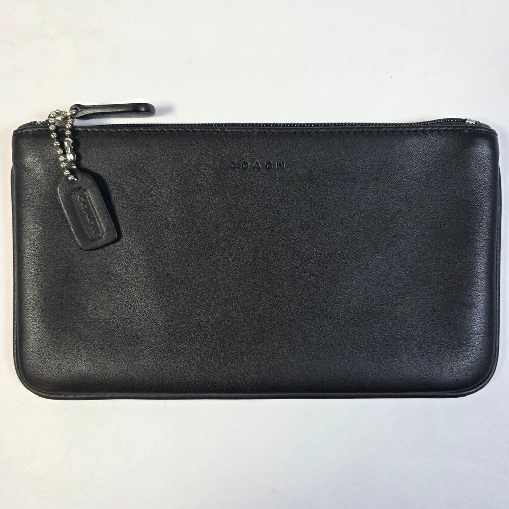 Y2K Vintage Coach Small Flat Cosmetic Case Black Leather Skinny Zip Pouch